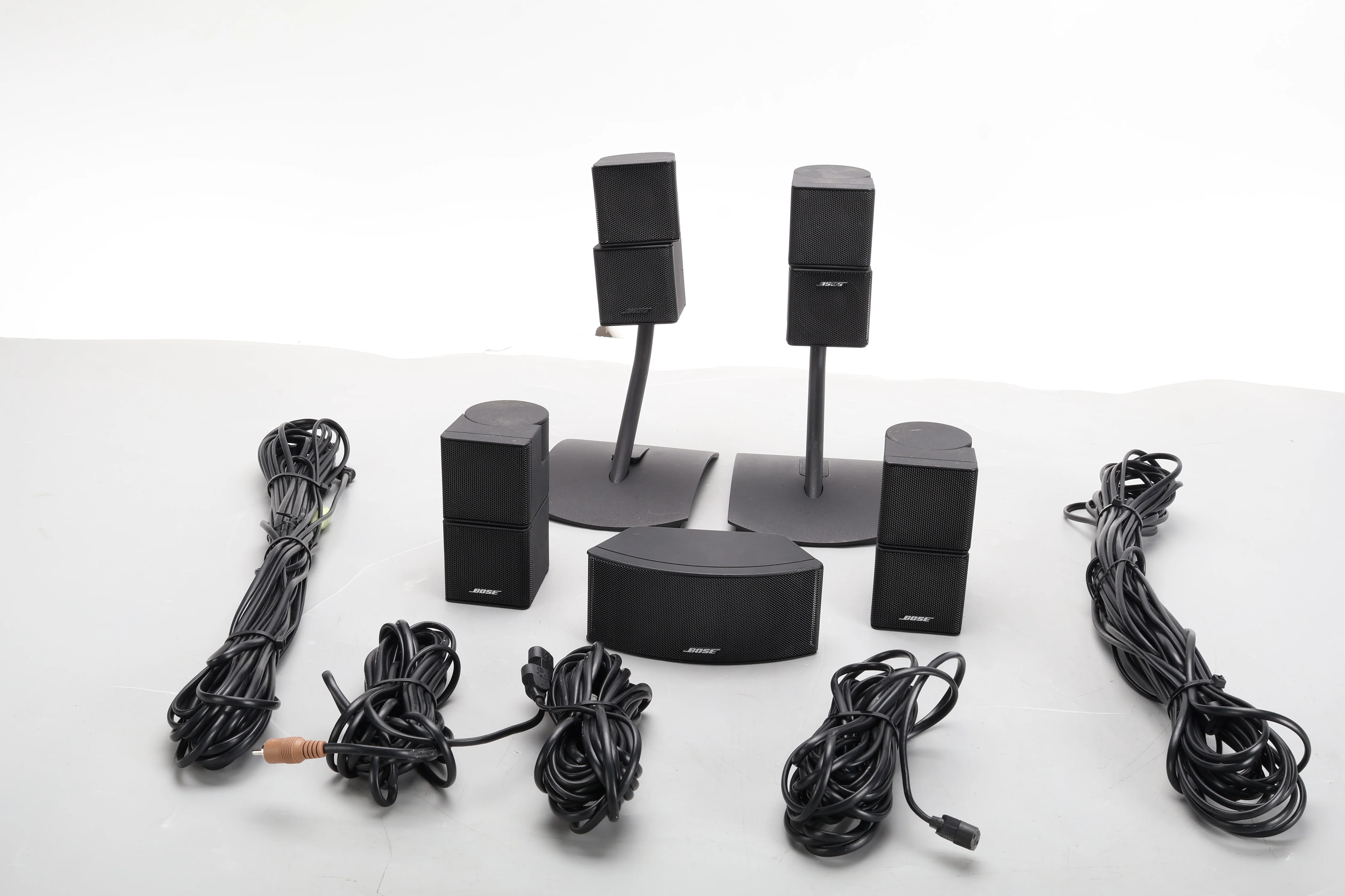 Bose 4x Jewel Cube Speaker With Center, 5x Bose RCA Cable, and 2x Speaker Stands
