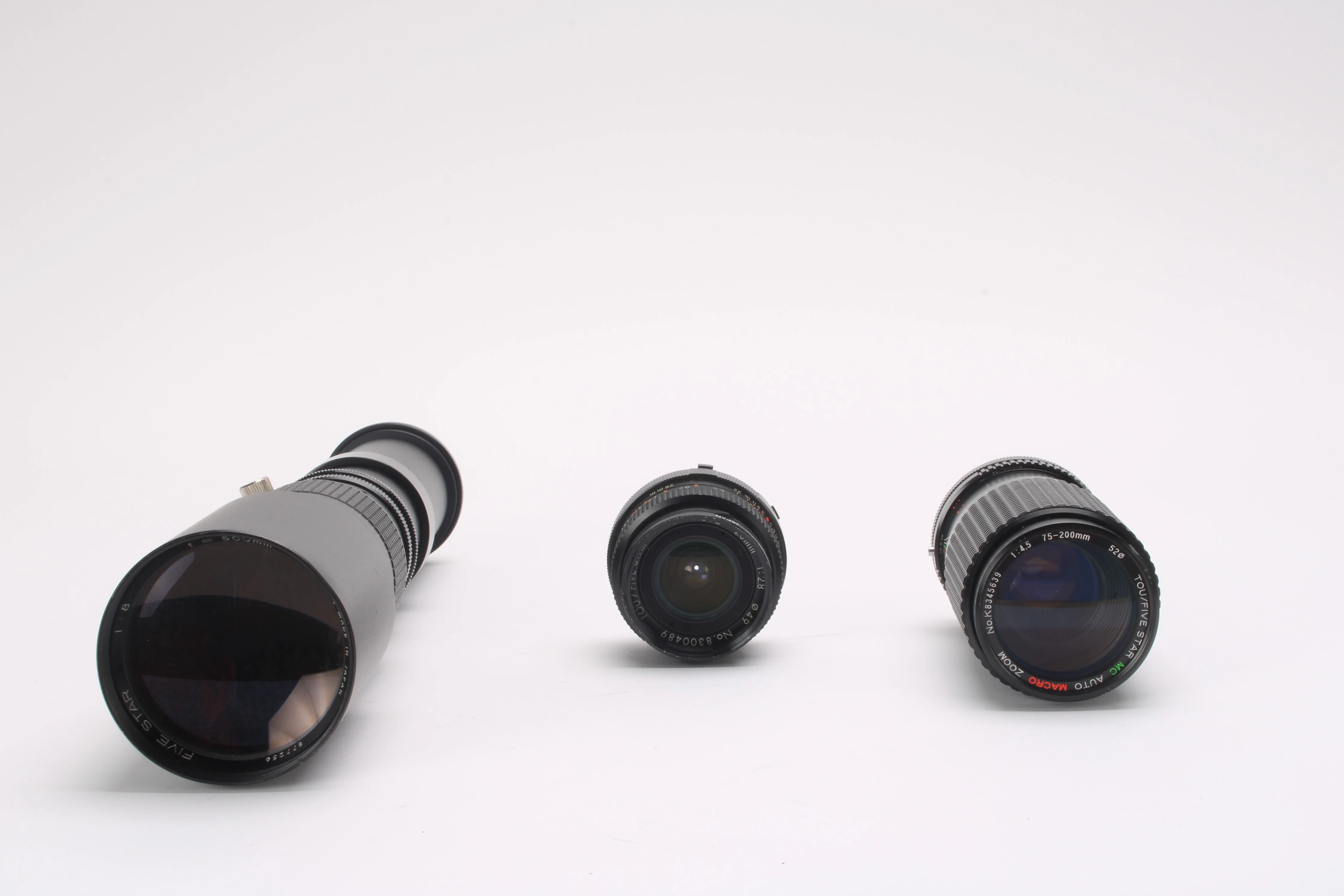 Five Star 75-200mm f/4.5, 500mm f/8, 28mm f/2.8 Lens Lot of 3 - Fair Condition