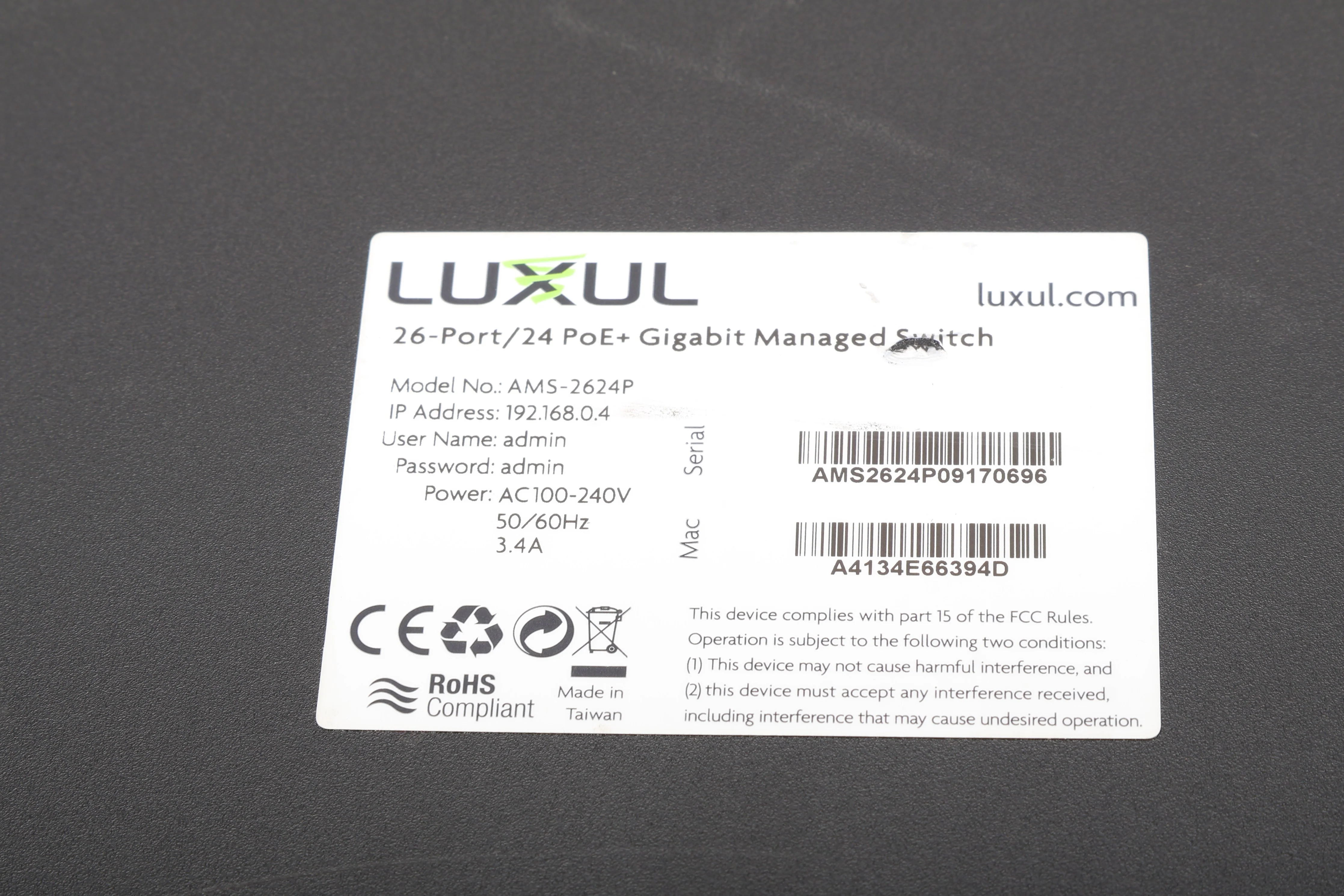 Luxul AMS-2624P AV-Series 26-port/24 PoE+ Gigabit Managed Switch -Fair Condition - Image 5